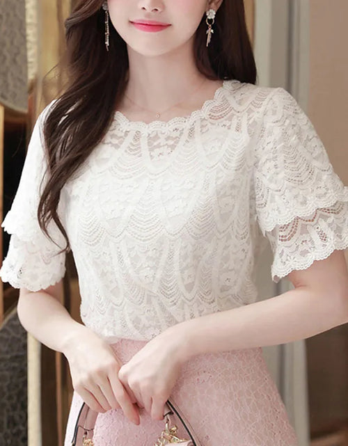 Load image into Gallery viewer, M-5XL Sweet Women Chiffon shirt 2024 Summer Short sleeved Lace Blouse Casual Hollow Out Crochet Tops(Shipping 10-14 Days)
