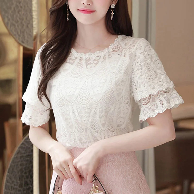 M-5XL Sweet Women Chiffon shirt 2024 Summer Short sleeved Lace Blouse Casual Hollow Out Crochet Tops(Shipping 10-14 Days)