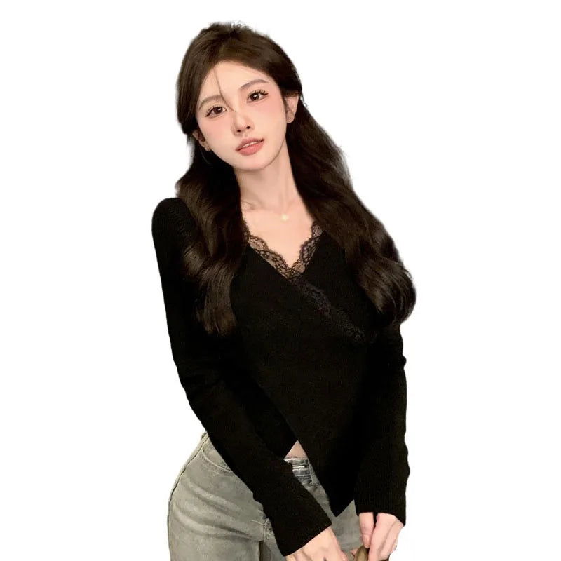 Women's Knitted Tops Autumn Winter Solid Color V Neck Lace Splicing Slim Fashion Temperament Knitted Long Sleeves Tops(Shipping 10-14 Days)