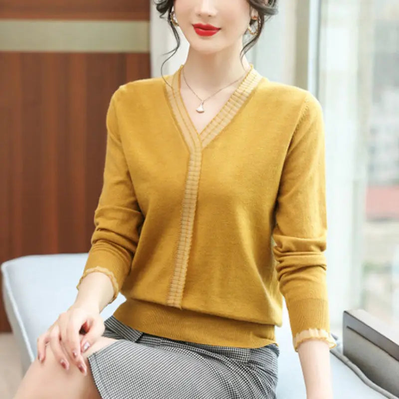 Women Ruffled Mesh Lace Patchwork Elegant Knitwears Spring Autumn Fashion V Neck Long Sleeve Pullover Knitted Tops Ropa De Mujer(Shipping 10-14 Days)