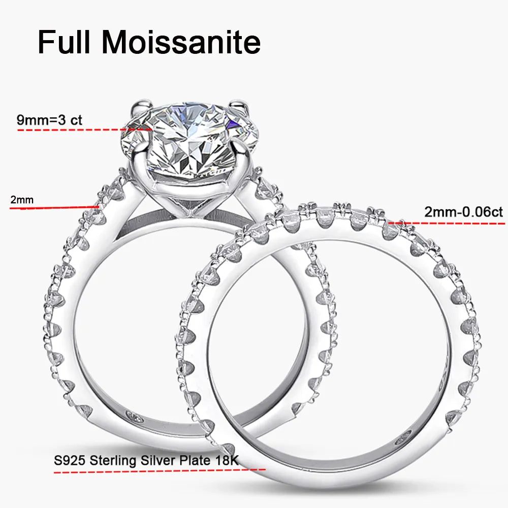 Serenty Day Four Claw D Color 9mm 3 Carat Full Moissanite Row Rings Set For Women S925 Sterling Silver Band Plated 18K (Shipping 10-14 Days)