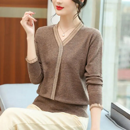 Women Ruffled Mesh Lace Patchwork Elegant Knitwears Spring Autumn Fashion V Neck Long Sleeve Pullover Knitted Tops Ropa De Mujer(Shipping 10-14 Days)