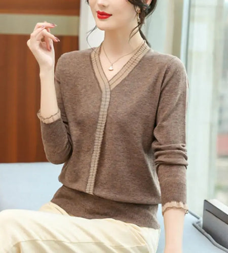 Women Ruffled Mesh Lace Patchwork Elegant Knitwears Spring Autumn Fashion V Neck Long Sleeve Pullover Knitted Tops Ropa De Mujer(Shipping 10-14 Days)