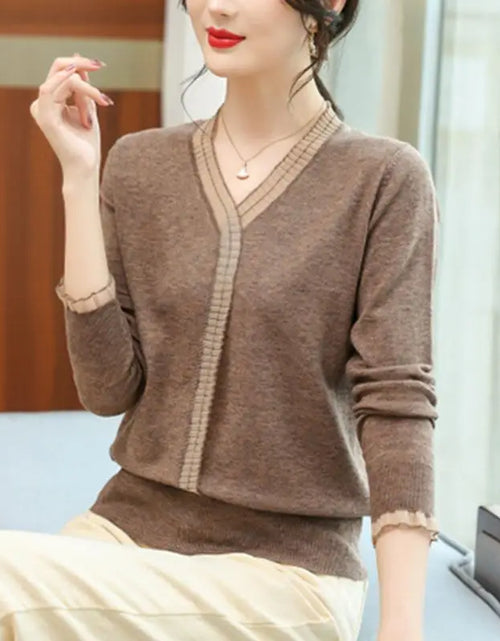 Load image into Gallery viewer, Women Ruffled Mesh Lace Patchwork Elegant Knitwears Spring Autumn Fashion V Neck Long Sleeve Pullover Knitted Tops Ropa De Mujer(Shipping 10-14 Days)
