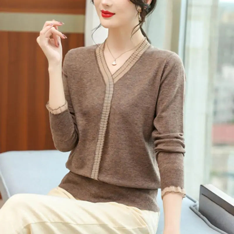 Women Ruffled Mesh Lace Patchwork Elegant Knitwears Spring Autumn Fashion V Neck Long Sleeve Pullover Knitted Tops Ropa De Mujer(Shipping 10-14 Days)