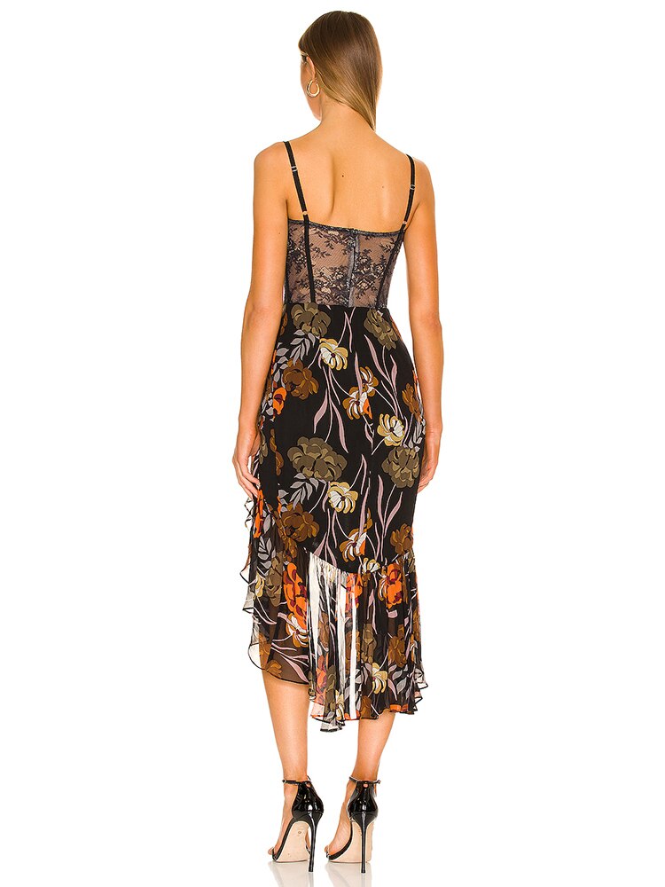 V-Neck Printed Ruffles Strap Midi Dress(Shipping 10-14 Days)