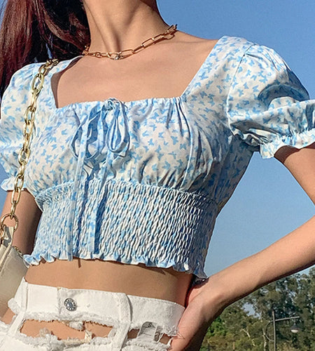 Women's Summer Puff Sleeve Ruched T-Shirt Butterfly Print Square Collar Ruffles Tie-Up Slim Fit Crop Tops Female Blouse Shirts(Shipping 10-14 Days)