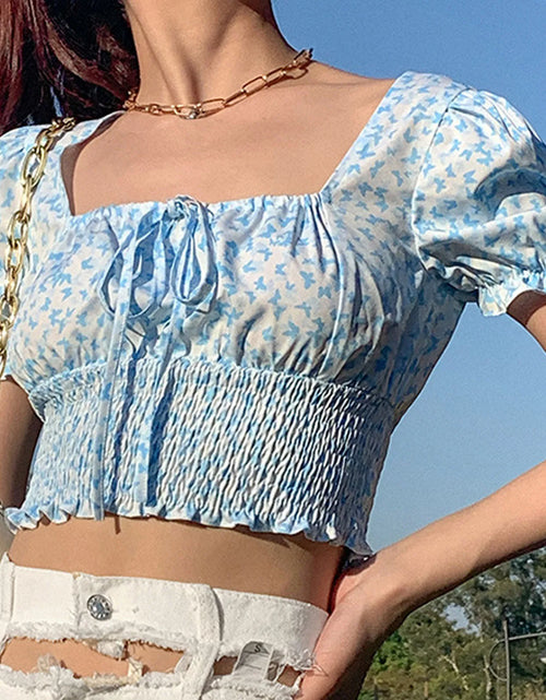 Load image into Gallery viewer, Women's Summer Puff Sleeve Ruched T-Shirt Butterfly Print Square Collar Ruffles Tie-Up Slim Fit Crop Tops Female Blouse Shirts(Shipping 10-14 Days)
