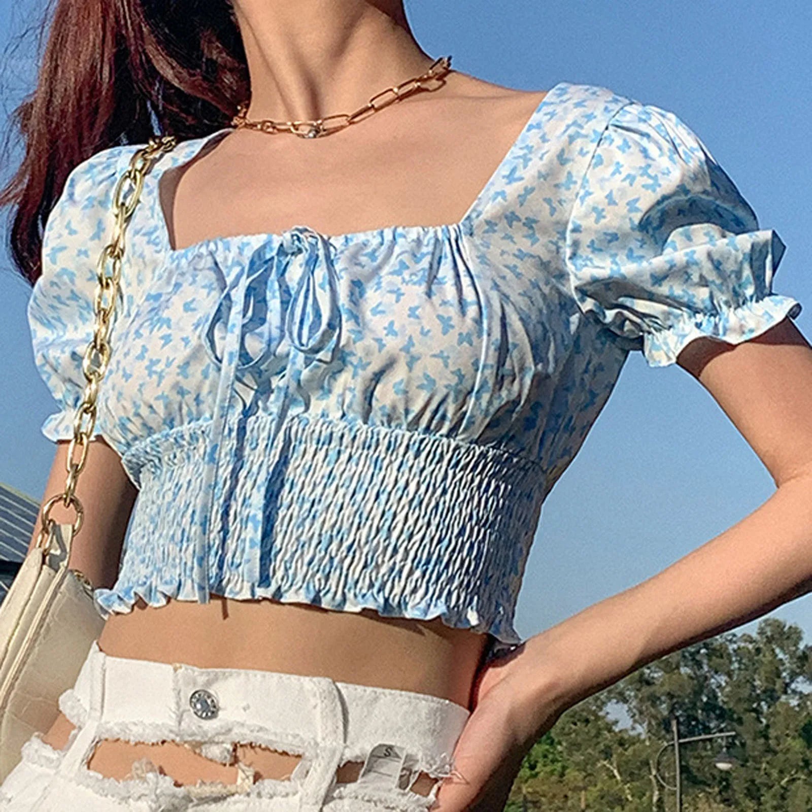 Women's Summer Puff Sleeve Ruched T-Shirt Butterfly Print Square Collar Ruffles Tie-Up Slim Fit Crop Tops Female Blouse Shirts(Shipping 10-14 Days)