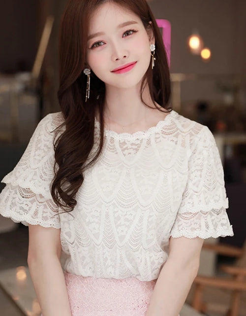 Load image into Gallery viewer, M-5XL Sweet Women Chiffon shirt 2024 Summer Short sleeved Lace Blouse Casual Hollow Out Crochet Tops(Shipping 10-14 Days)
