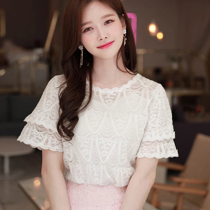 M-5XL Sweet Women Chiffon shirt 2024 Summer Short sleeved Lace Blouse Casual Hollow Out Crochet Tops(Shipping 10-14 Days)
