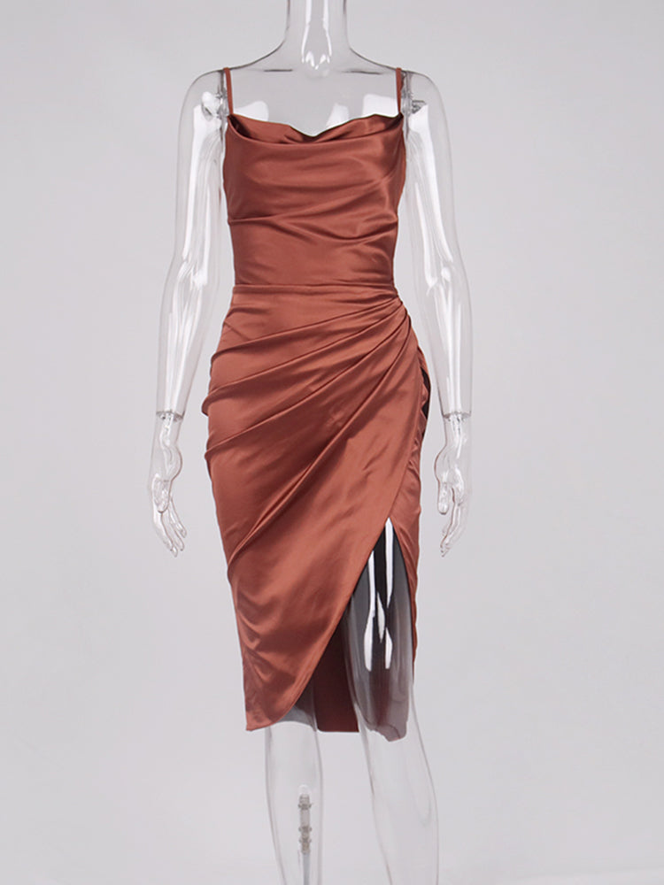 Midi Satin Dress Split Adjustable Strap(Shipping 10-14 Days)