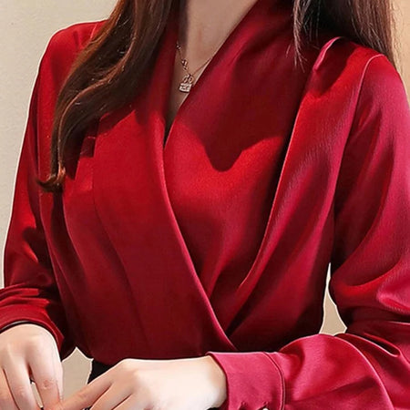 Deep V-neck Satin Blouses Women Chiffon Shirts Solid Elegant Female Office Lady Tops White Red Ladies Clothes Long Sleeve 2022 ( Shipping 10-14 Days )