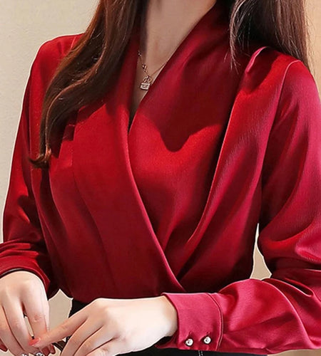 Deep V-neck Satin Blouses Women Chiffon Shirts Solid Elegant Female Office Lady Tops White Red Ladies Clothes Long Sleeve 2022 ( Shipping 10-14 Days )