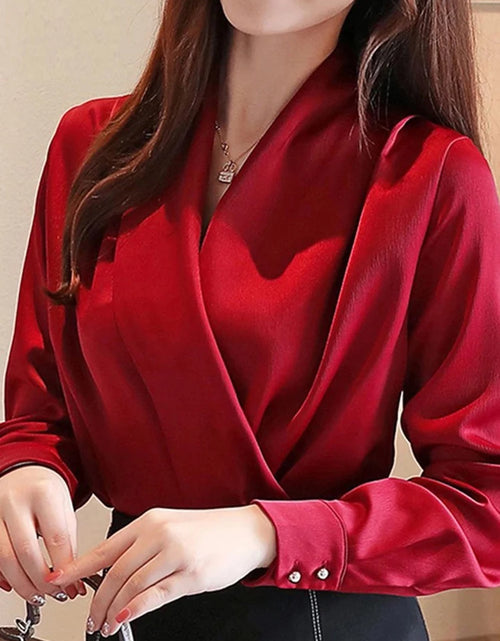 Load image into Gallery viewer, Deep V-neck Satin Blouses Women Chiffon Shirts Solid Elegant Female Office Lady Tops White Red Ladies Clothes Long Sleeve 2022 ( Shipping 10-14 Days )
