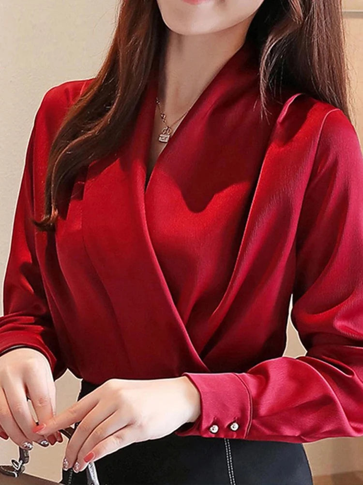 Deep V-neck Satin Blouses Women Chiffon Shirts Solid Elegant Female Office Lady Tops White Red Ladies Clothes Long Sleeve 2022 ( Shipping 10-14 Days )