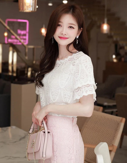 Load image into Gallery viewer, M-5XL Sweet Women Chiffon shirt 2024 Summer Short sleeved Lace Blouse Casual Hollow Out Crochet Tops(Shipping 10-14 Days)
