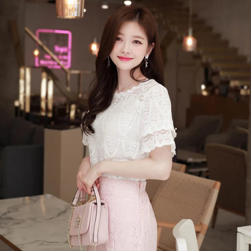 M-5XL Sweet Women Chiffon shirt 2024 Summer Short sleeved Lace Blouse Casual Hollow Out Crochet Tops(Shipping 10-14 Days)