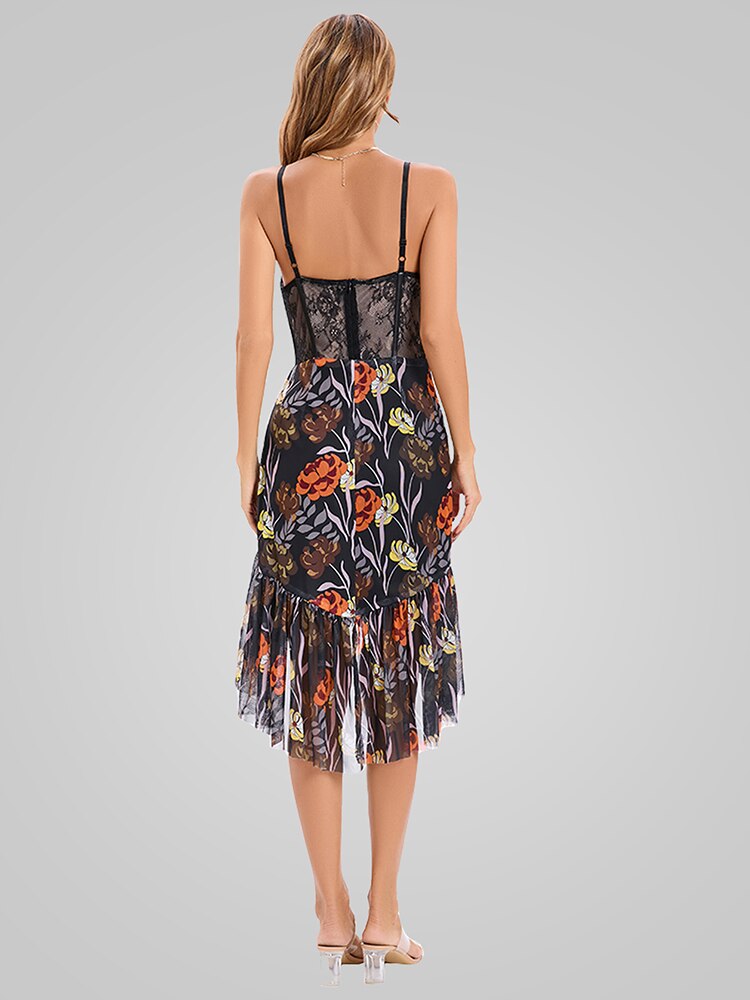 V-Neck Printed Ruffles Strap Midi Dress(Shipping 10-14 Days)