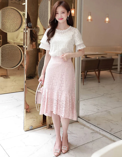 Load image into Gallery viewer, M-5XL Sweet Women Chiffon shirt 2024 Summer Short sleeved Lace Blouse Casual Hollow Out Crochet Tops(Shipping 10-14 Days)
