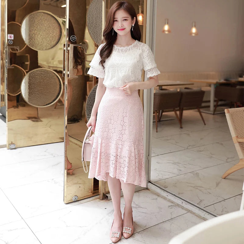 M-5XL Sweet Women Chiffon shirt 2024 Summer Short sleeved Lace Blouse Casual Hollow Out Crochet Tops(Shipping 10-14 Days)