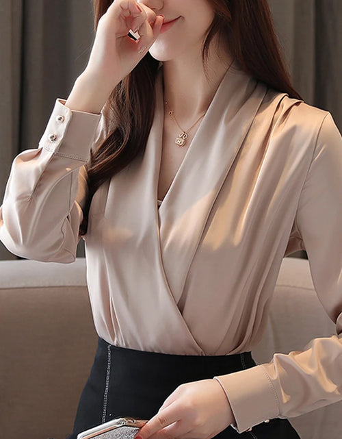 Load image into Gallery viewer, Deep V-neck Satin Blouses Women Chiffon Shirts Solid Elegant Female Office Lady Tops White Red Ladies Clothes Long Sleeve 2022 ( Shipping 10-14 Days )

