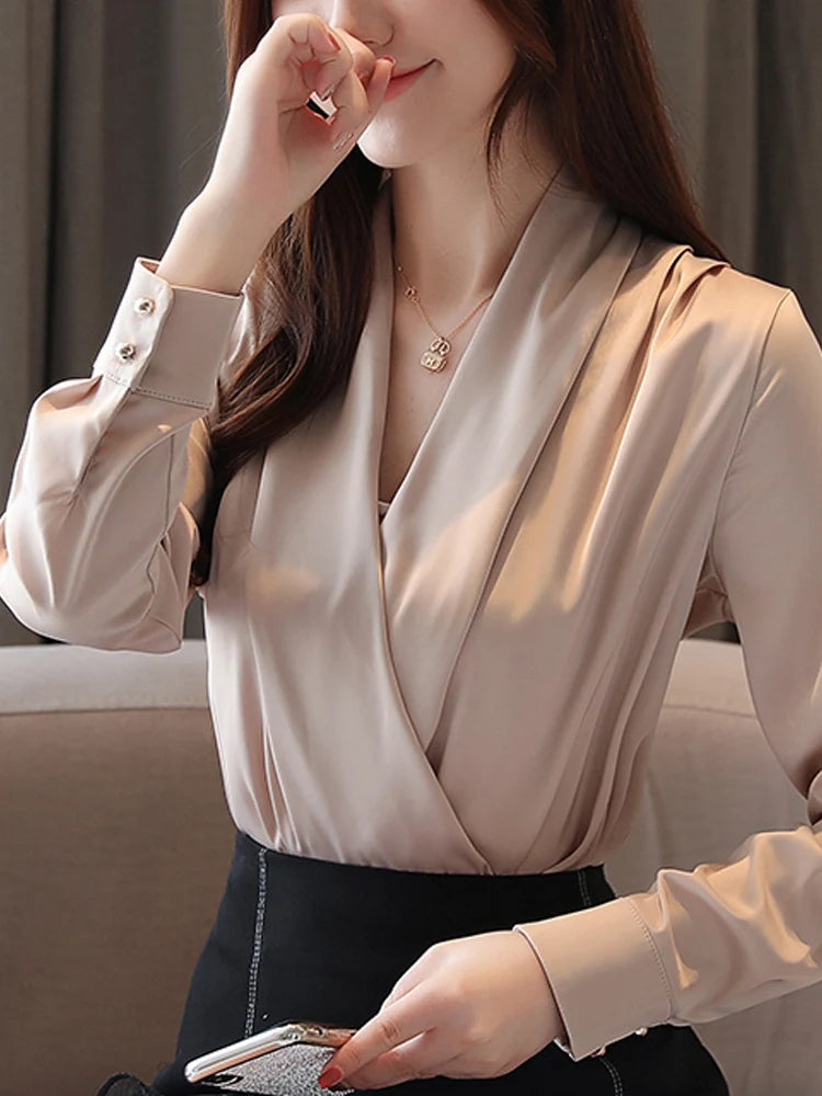 Deep V-neck Satin Blouses Women Chiffon Shirts Solid Elegant Female Office Lady Tops White Red Ladies Clothes Long Sleeve 2022 ( Shipping 10-14 Days )
